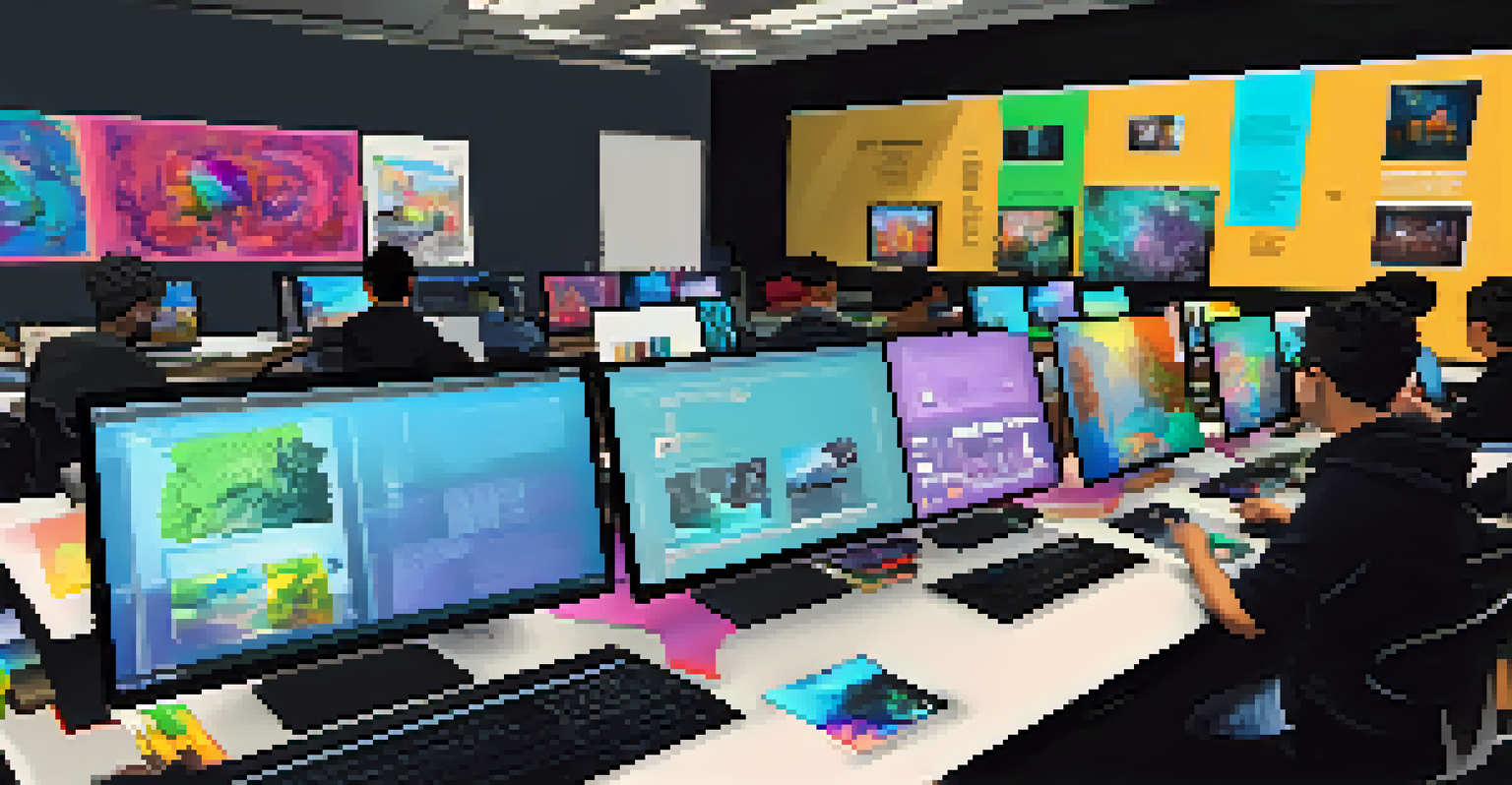 Students in a workshop creating digital art using computers and tablets, surrounded by art supplies.