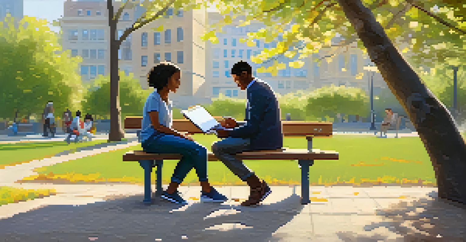 A mentor and educator seated on a park bench discussing while surrounded by nature.