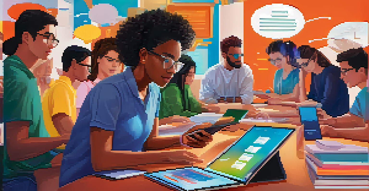 A student using a tablet to connect with classmates in a virtual study group, surrounded by digital communication icons.