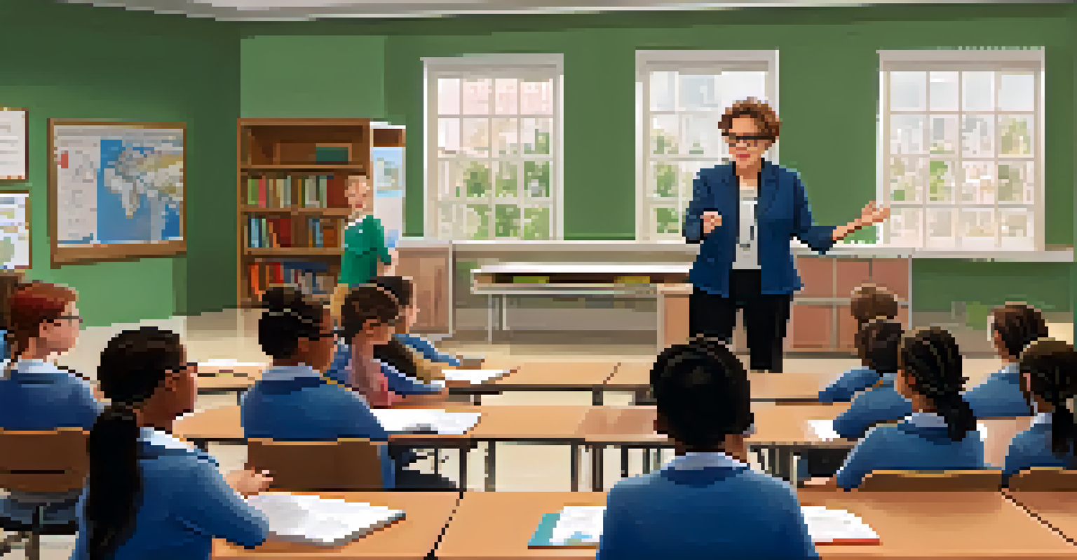 A teacher leading an engaging discussion in a modern classroom with students actively participating.