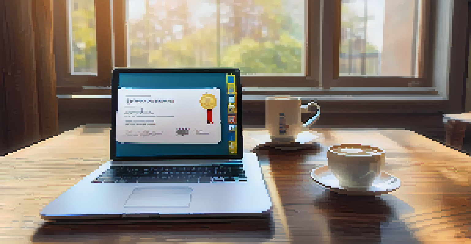 A smartphone showing a digital micro-credential certificate on a wooden desk with a laptop and coffee cup.
