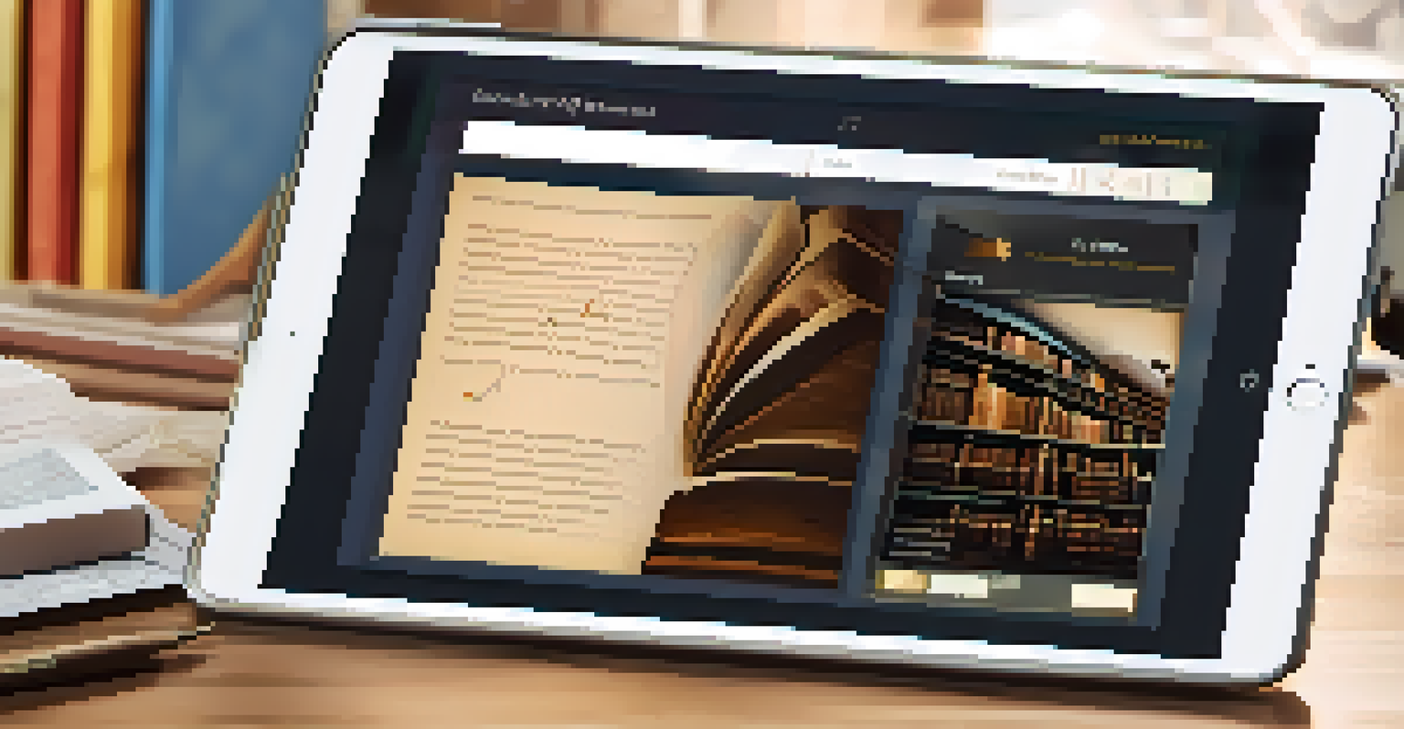 A close-up view of a digital portfolio interface on a tablet, featuring a well-designed page in a cozy study environment with warm lighting.