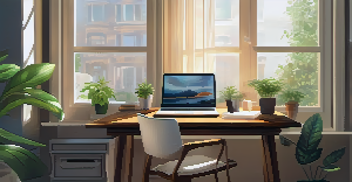 A cozy home office with a wooden desk, laptop, notebooks, and a cup of coffee, illuminated by sunlight through a window.