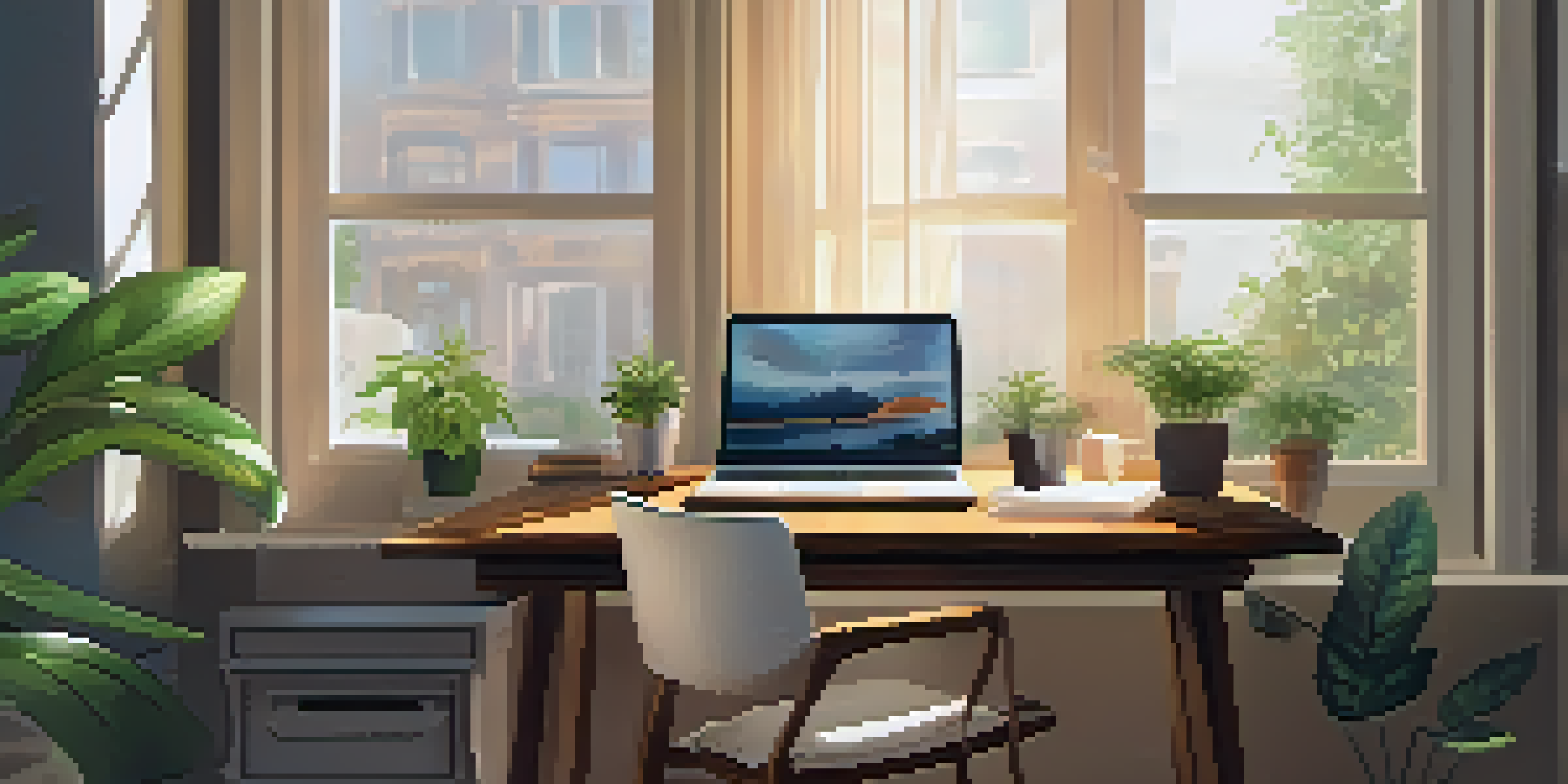 A cozy home office with a wooden desk, laptop, notebooks, and a cup of coffee, illuminated by sunlight through a window.