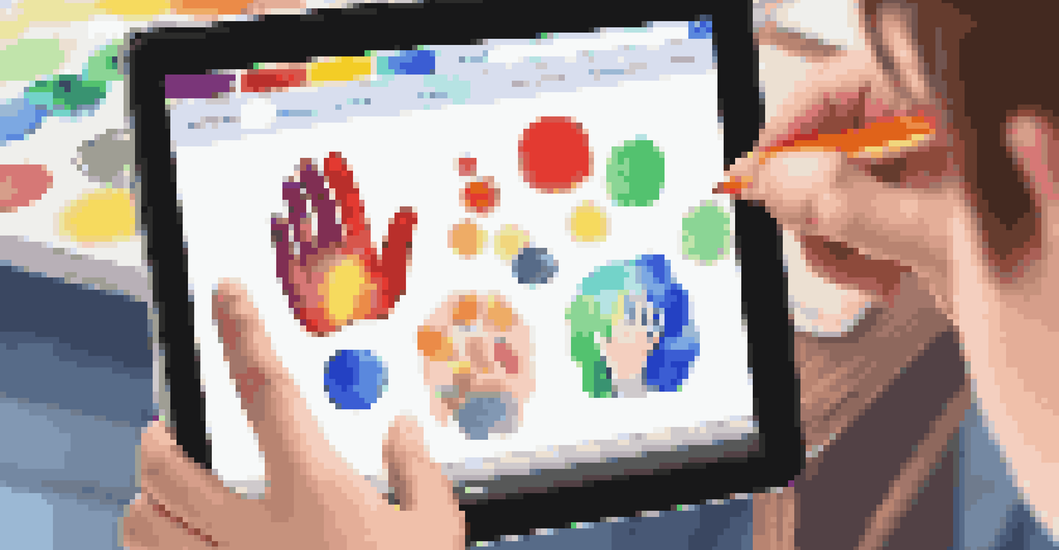 A close-up of a student's hands using a tablet, showing an engaging educational app, with classroom activities blurred in the background.