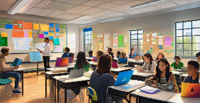 A vibrant classroom where diverse students are focused on their laptops, using digital assessment tools under the guidance of a teacher.