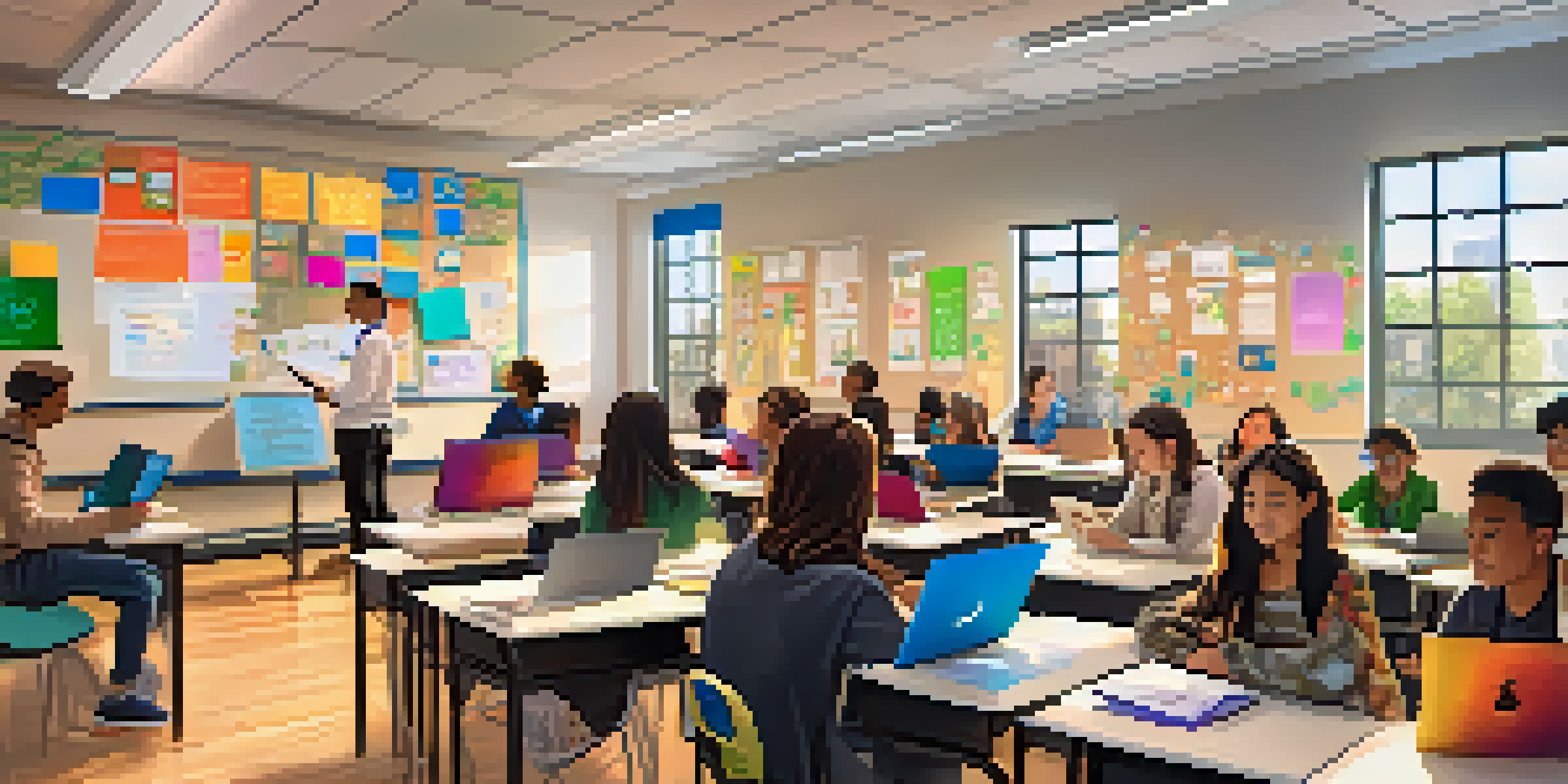 A vibrant classroom where diverse students are focused on their laptops, using digital assessment tools under the guidance of a teacher.