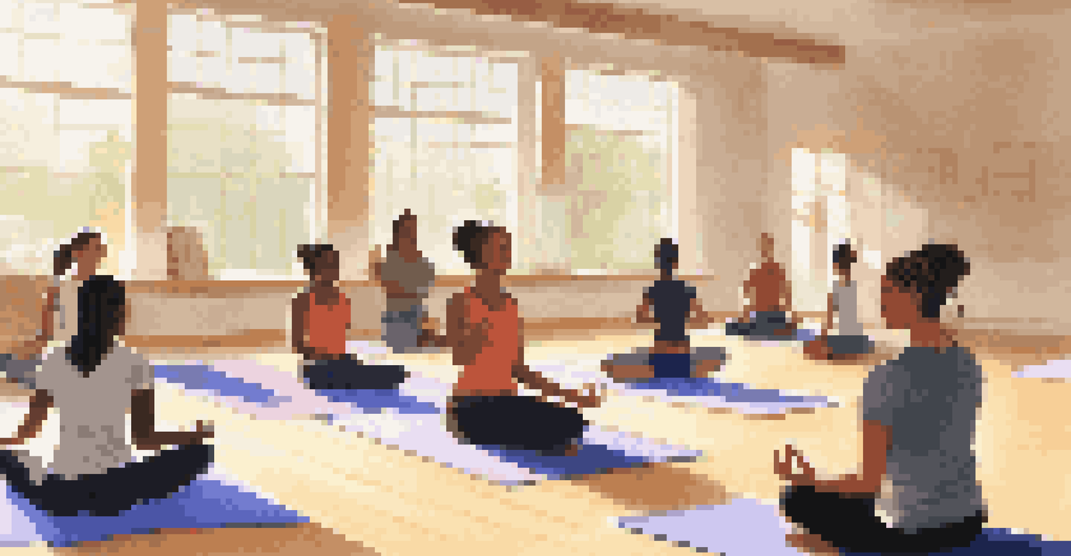 A high school teacher demonstrating yoga poses to students in a sunlit classroom with yoga mats.