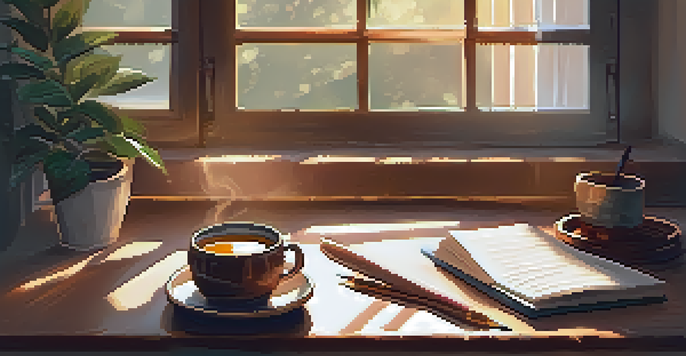 A sunlit room corner with a wooden desk, an open journal, a steaming cup of tea, and a potted plant, creating a cozy atmosphere.