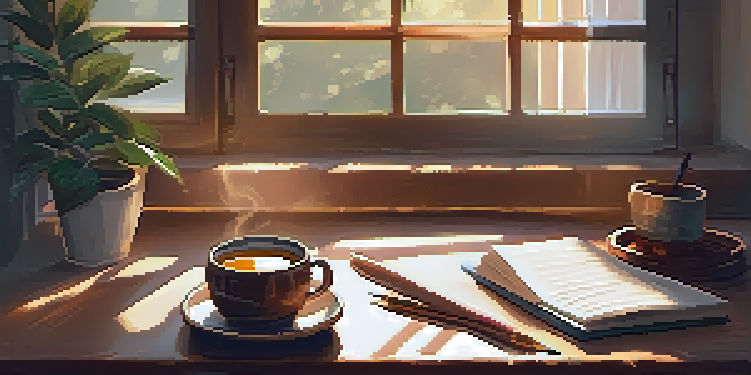 A sunlit room corner with a wooden desk, an open journal, a steaming cup of tea, and a potted plant, creating a cozy atmosphere.