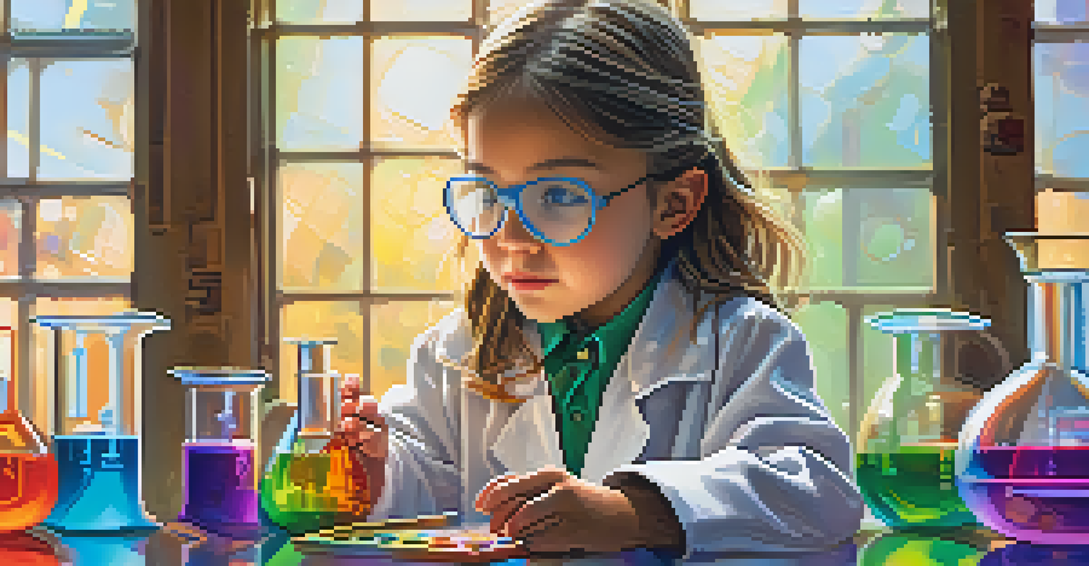 A young girl in a lab coat observing a chemical reaction, showcasing her curiosity in a science laboratory.