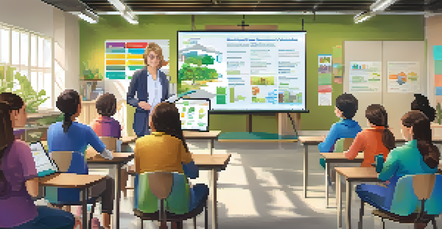 A classroom where a teacher uses digital tools to teach adult learners about sustainability.