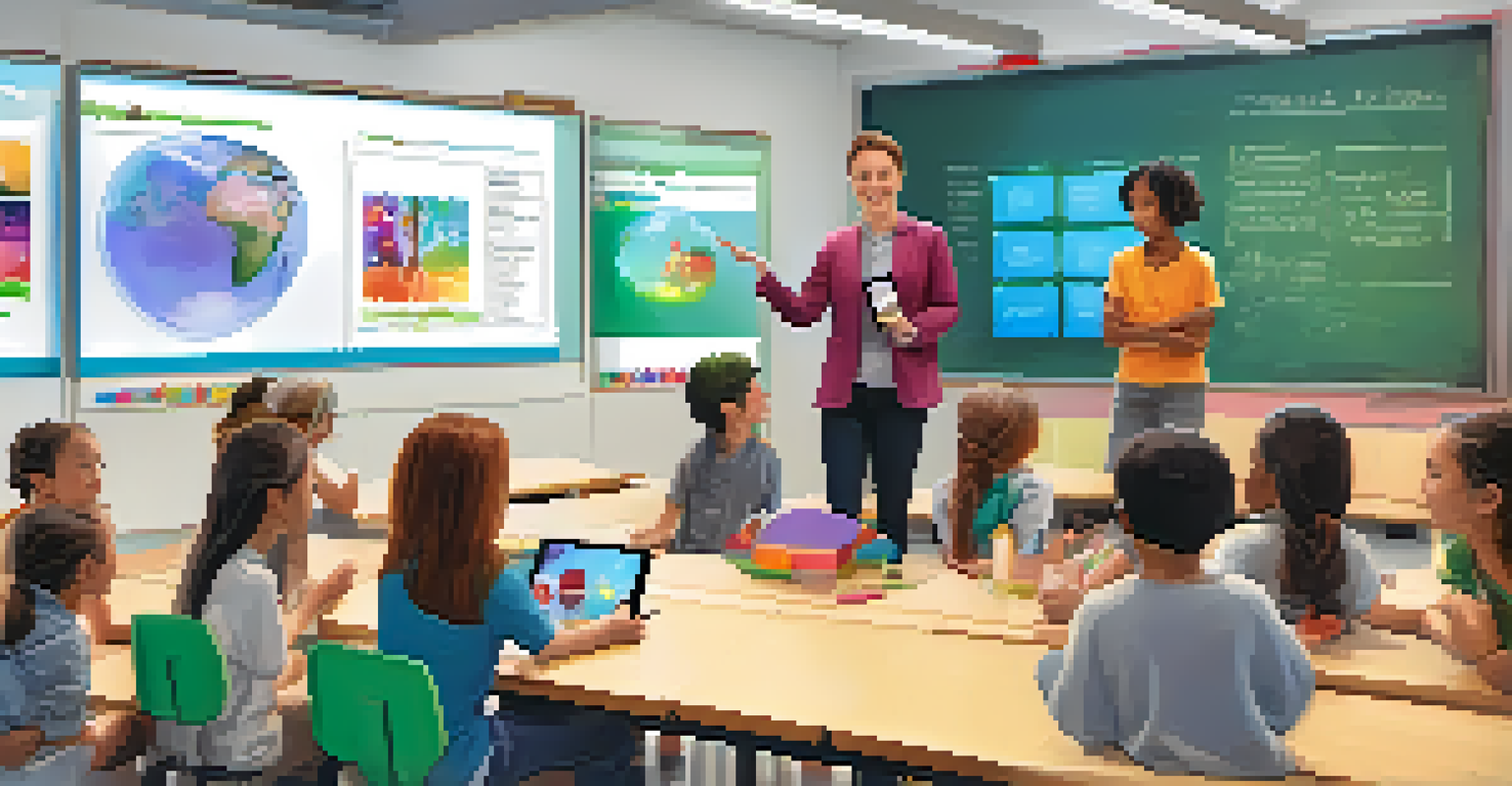 Students collaborating on a digital storytelling project using tablets in a bright, modern classroom with a large display screen.