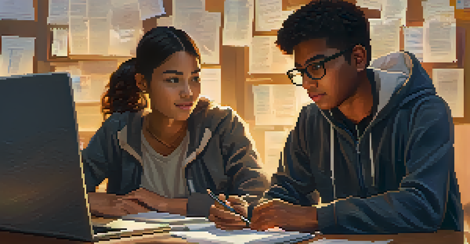 Two students discussing and collaborating over a laptop in a warm, inviting classroom setting.