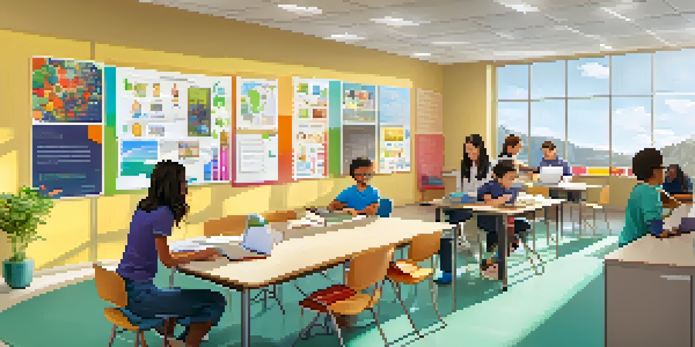 A diverse group of students in a modern classroom engaged in blended learning, using laptops and tablets with a digital whiteboard in the background.