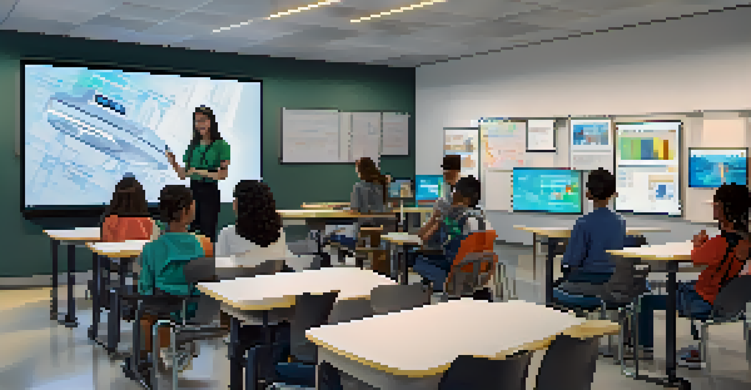 A high-tech classroom featuring students interacting with AI tutors and virtual reality displays, illustrating a personalized learning experience.