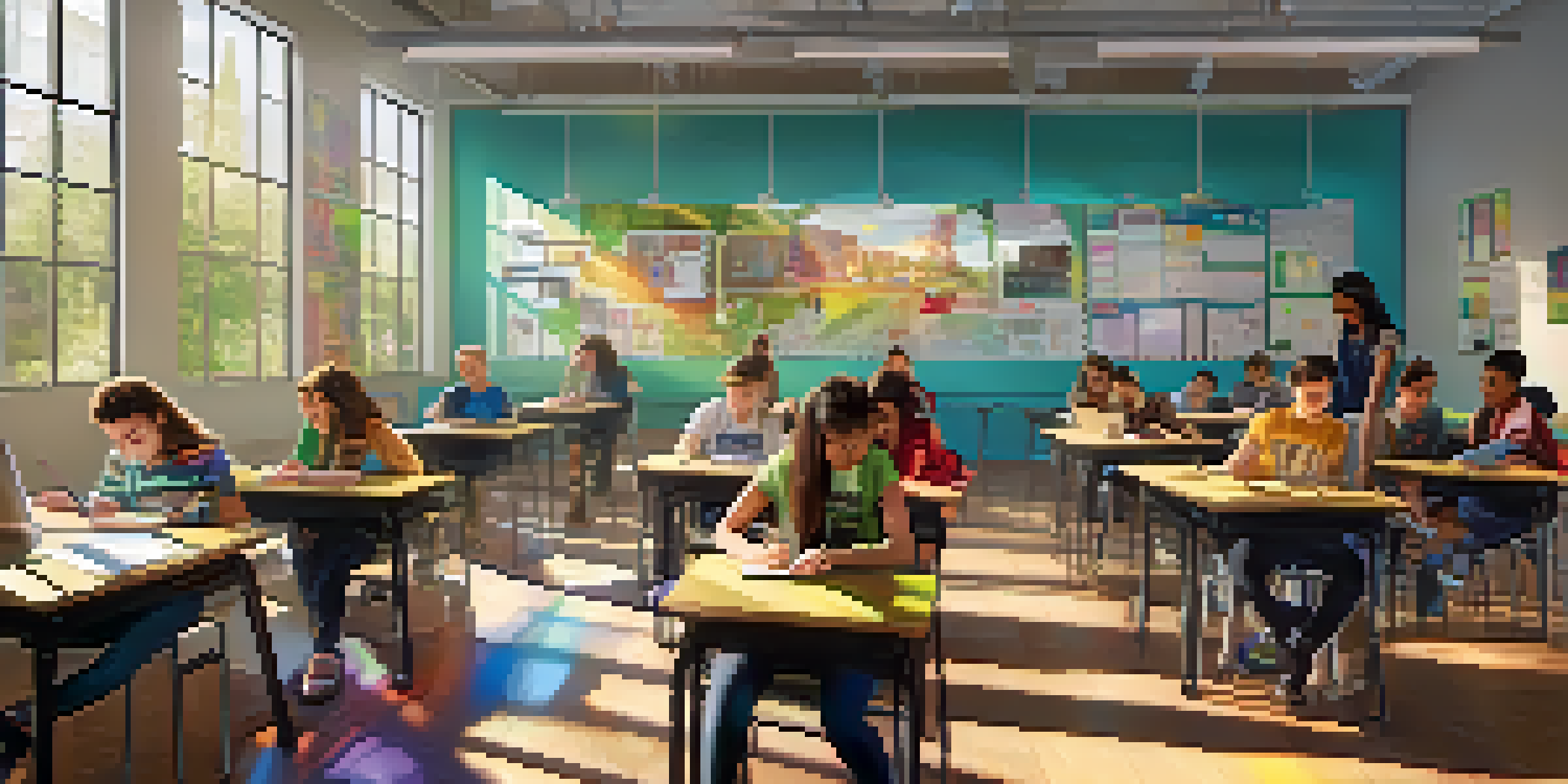 A lively classroom filled with students working collaboratively on laptops and tablets, surrounded by educational posters and bright sunlight.