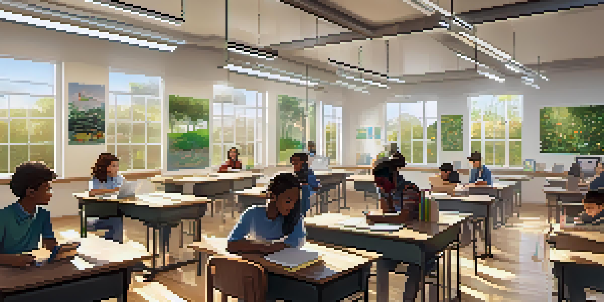 A bright and welcoming classroom with students of different ethnicities engaged in a group discussion, surrounded by plants and educational materials.