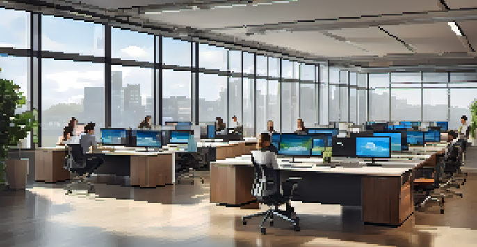 A contemporary office with screens showing cloud collaboration tools and professionals in a video conference, illuminated by natural light.