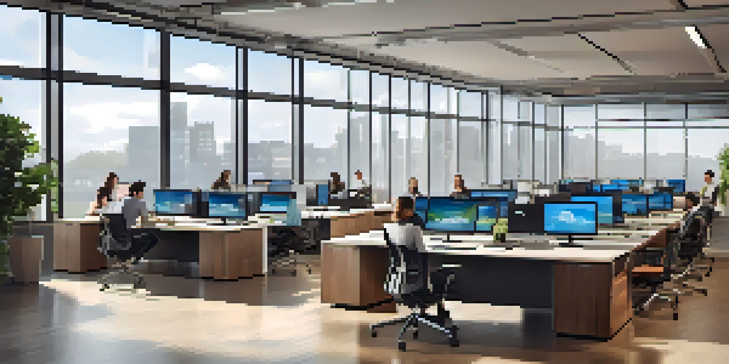 A contemporary office with screens showing cloud collaboration tools and professionals in a video conference, illuminated by natural light.
