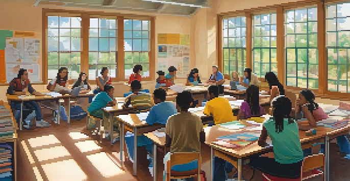 A diverse group of students collaborating on a project in a colorful classroom filled with cultural posters and natural light.