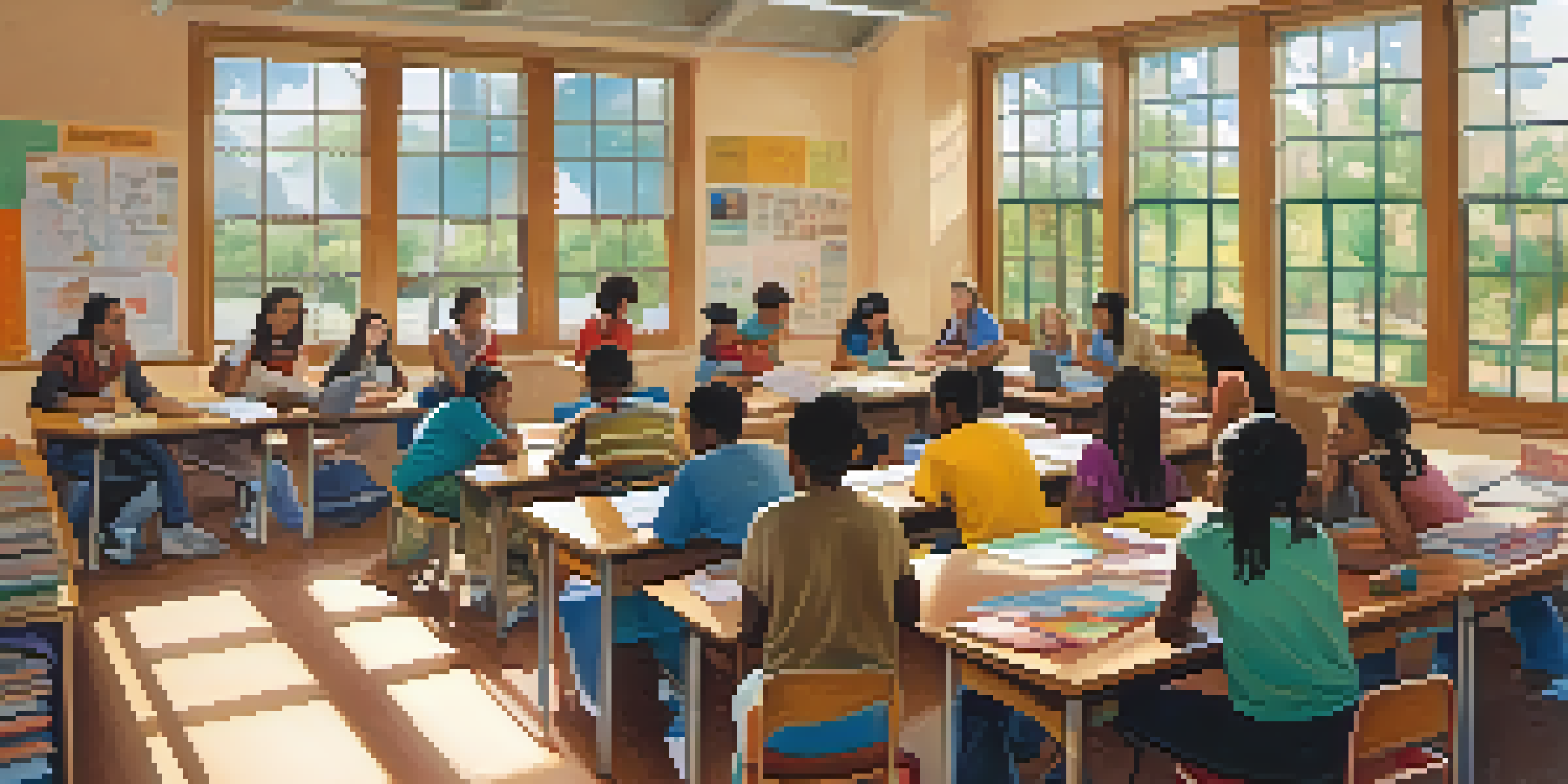 A diverse group of students collaborating on a project in a colorful classroom filled with cultural posters and natural light.