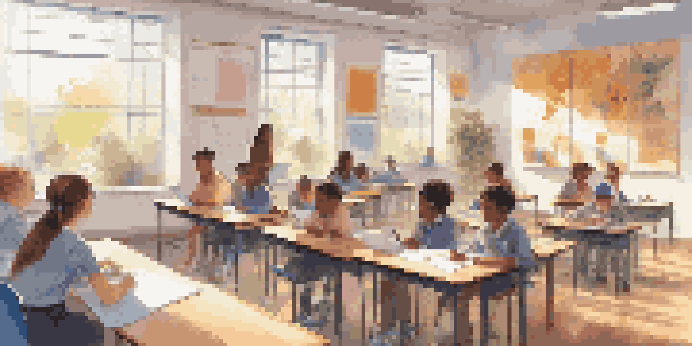 A vibrant classroom with students using laptops and a teacher engaging with them, illuminated by natural sunlight.