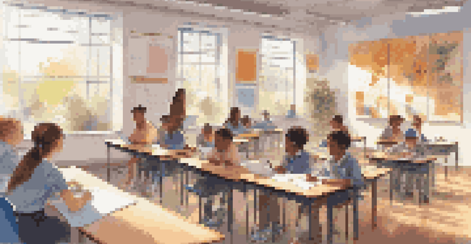 A vibrant classroom with students using laptops and a teacher engaging with them, illuminated by natural sunlight.
