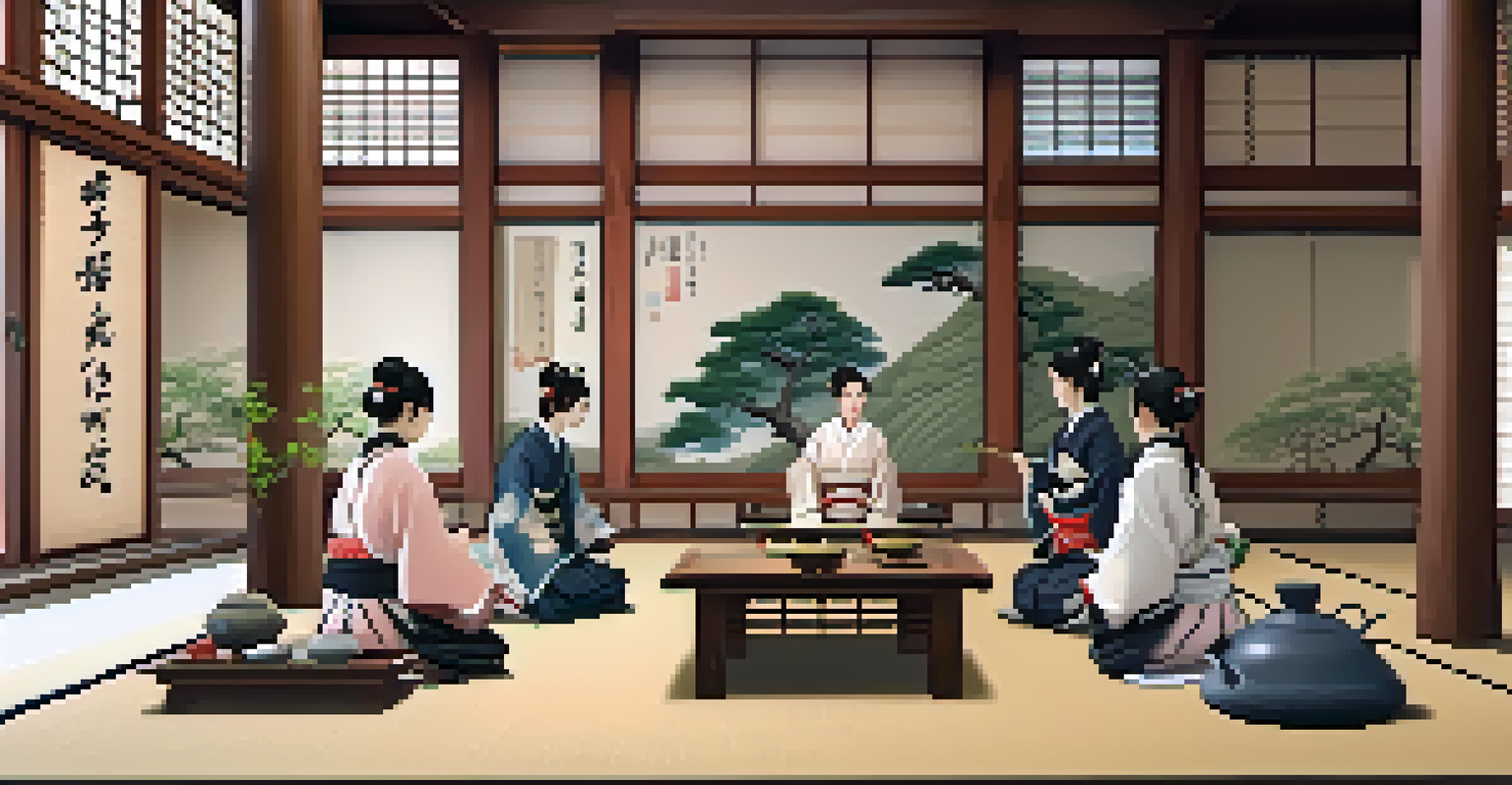 Students observing a virtual Japanese tea ceremony with AR vocabulary overlays.