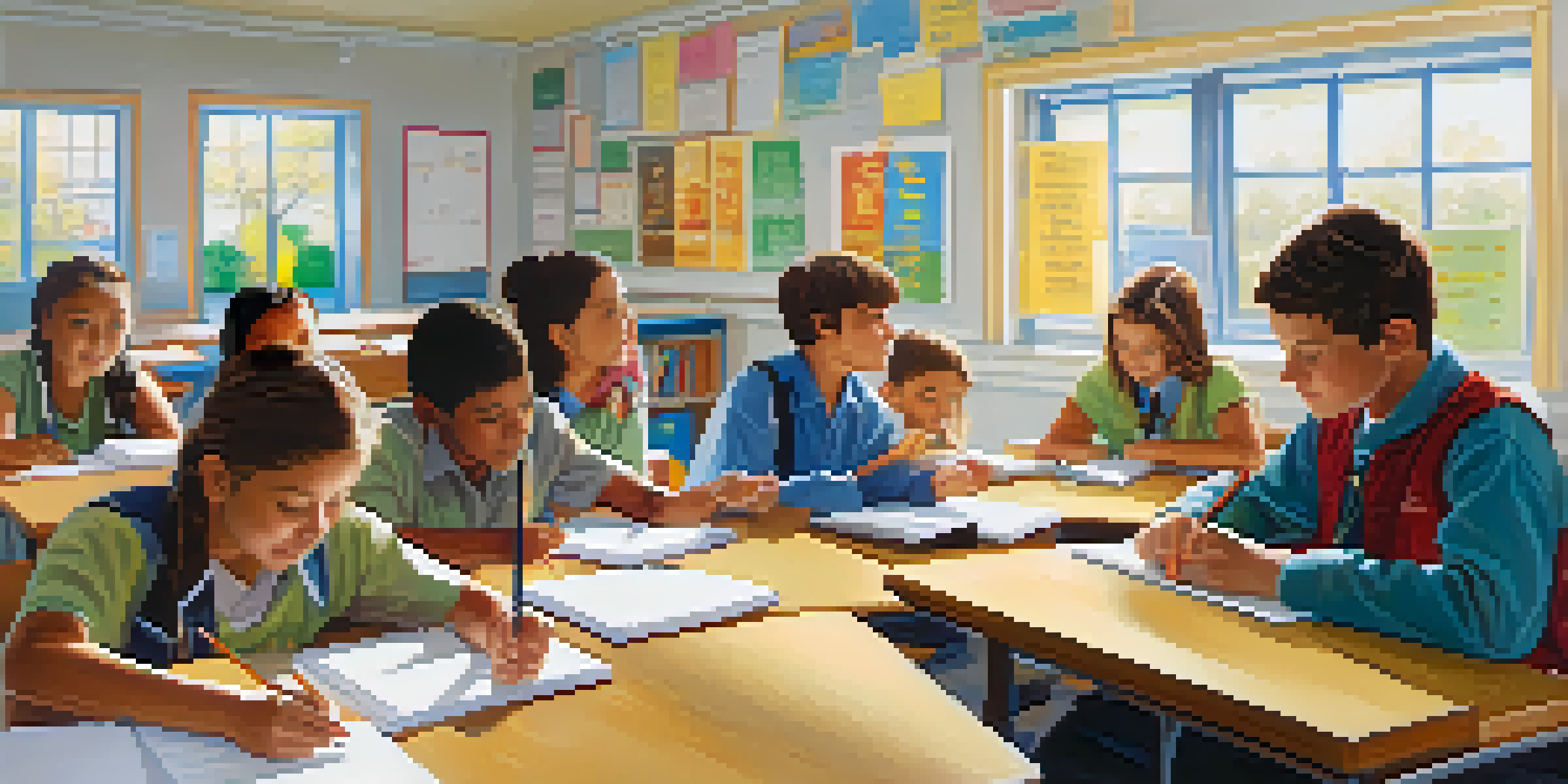 A teacher interacting with students in a vibrant classroom, where students are discussing in pairs and writing notes.