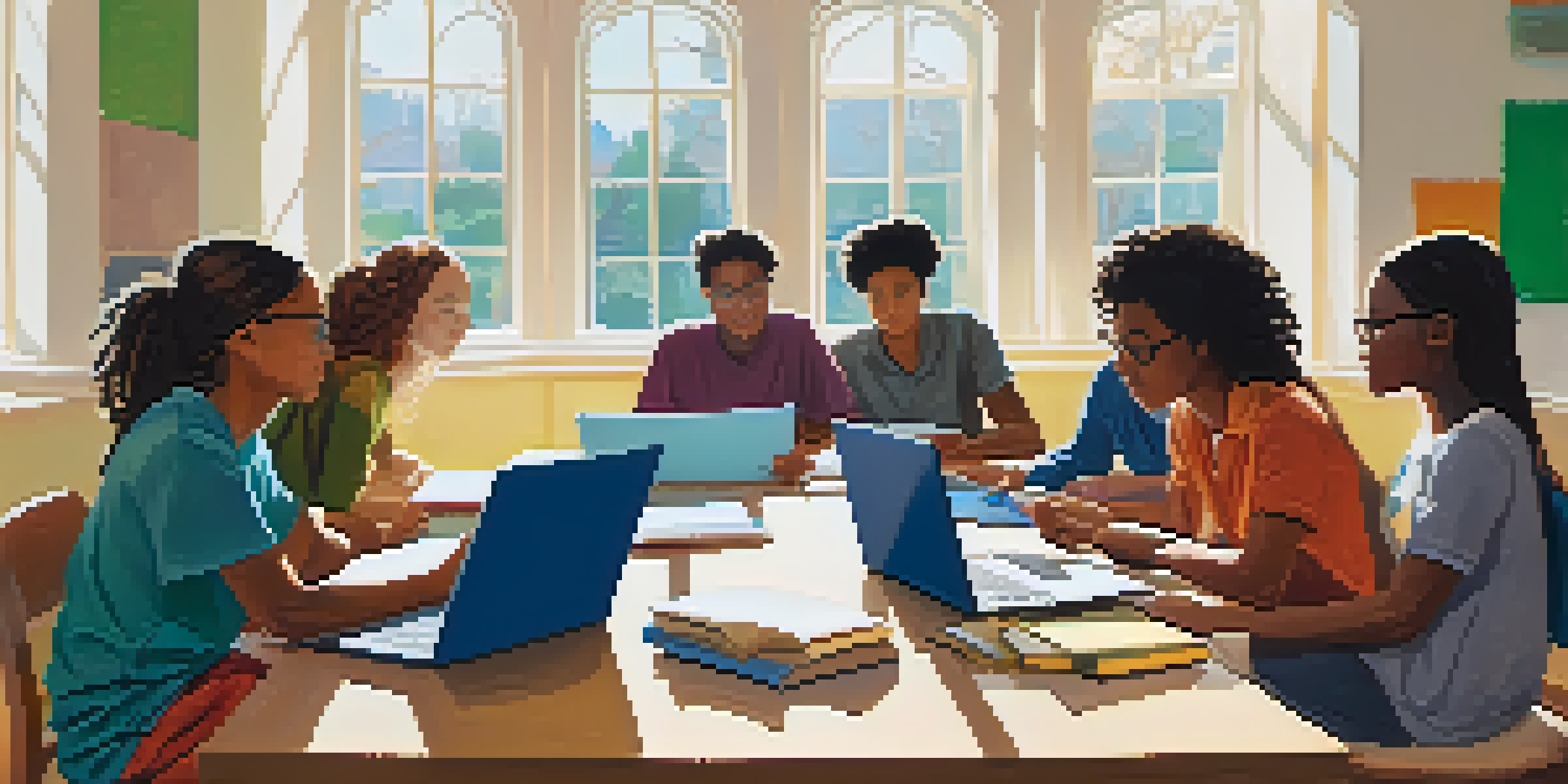 A diverse group of students collaborating at a table filled with books and laptops, discussing ideas in a bright learning environment.