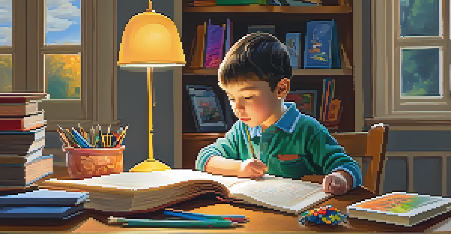 A child sitting at a desk, engaged in solving a puzzle with books and art supplies around. The setting is warm and inviting.