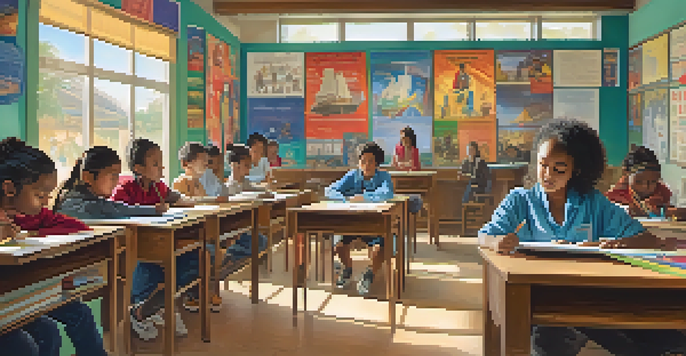 A diverse group of students working together in a colorful classroom filled with cultural artifacts, sunlight illuminating their collaborative project.