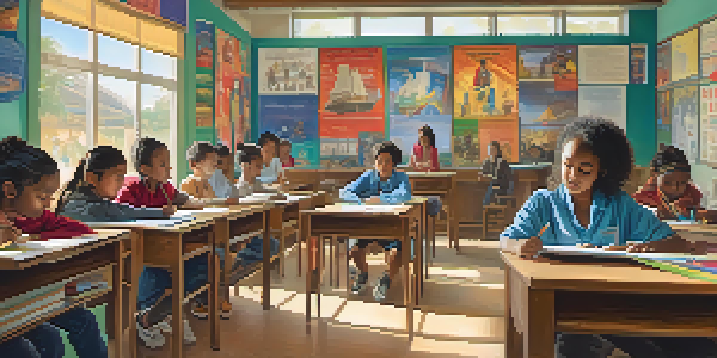 A diverse group of students working together in a colorful classroom filled with cultural artifacts, sunlight illuminating their collaborative project.