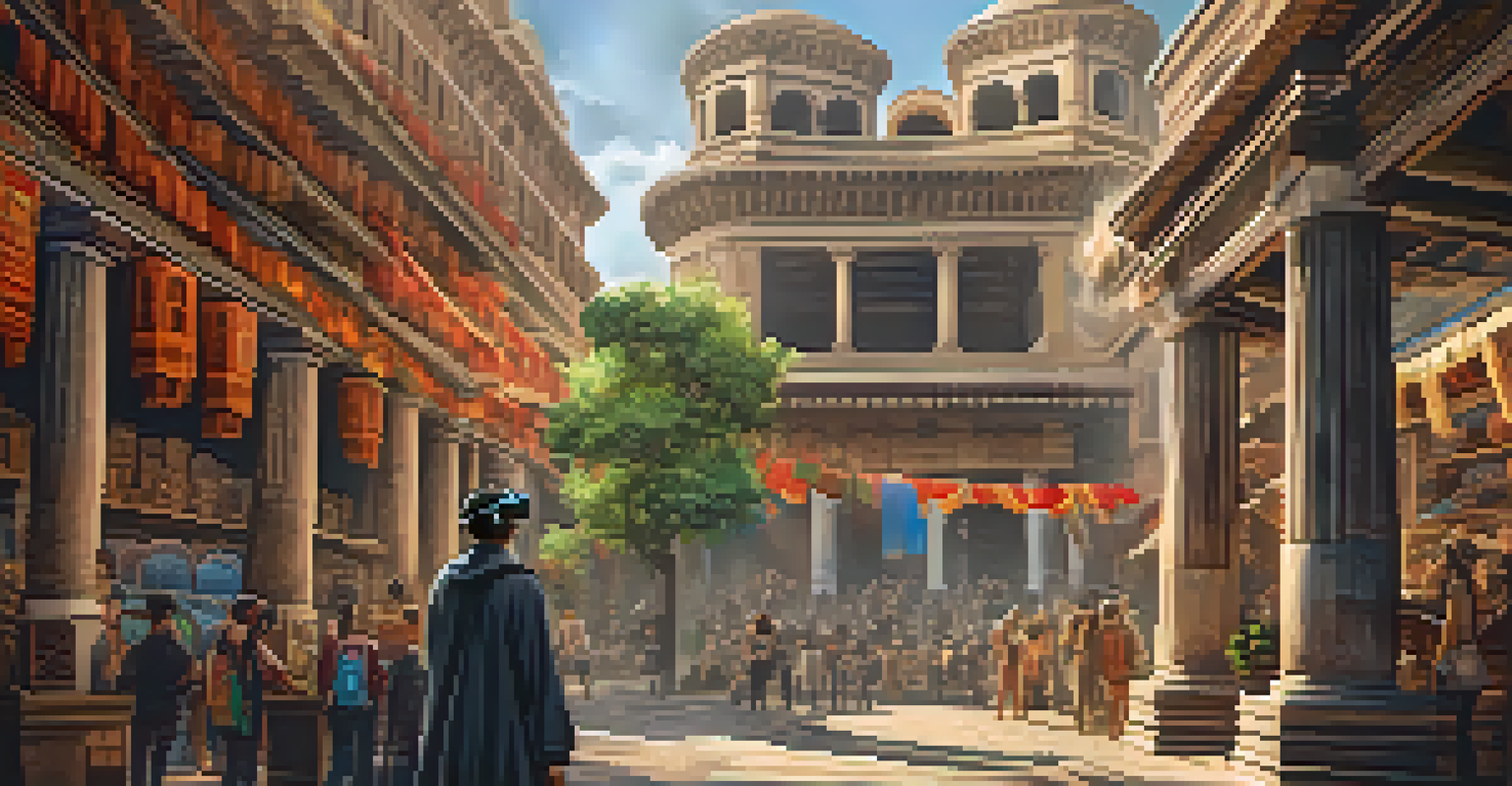 A student wearing VR goggles exploring a detailed ancient civilization, surrounded by historical architecture and vibrant street life.