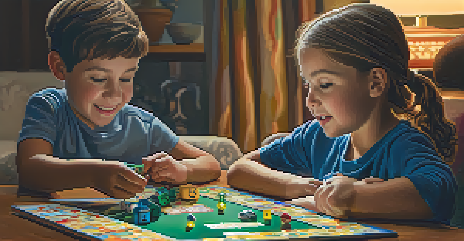 A parent and child engaged in a board game at home, with warm lighting creating a cozy atmosphere.