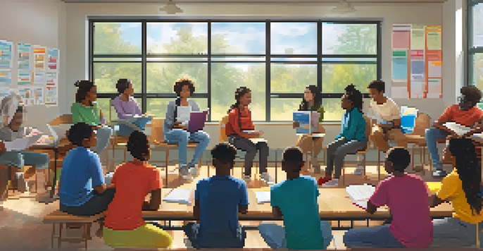 A diverse group of students discussing in a bright classroom, with a teacher facilitating their interaction.