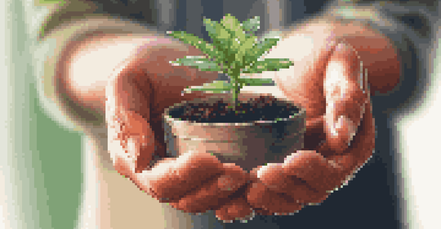 Close-up of hands cradling a small green potted plant, symbolizing growth and sustainability.