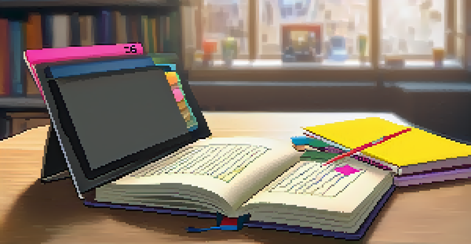 An open notebook filled with notes and sticky tabs beside textbooks and a digital tablet, softly lit.