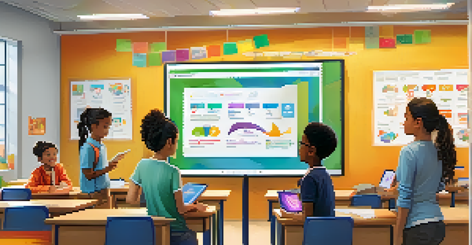 A classroom with diverse students using AI tablets, a teacher guiding a student, and a digital progress dashboard, all in a bright and colorful setting.