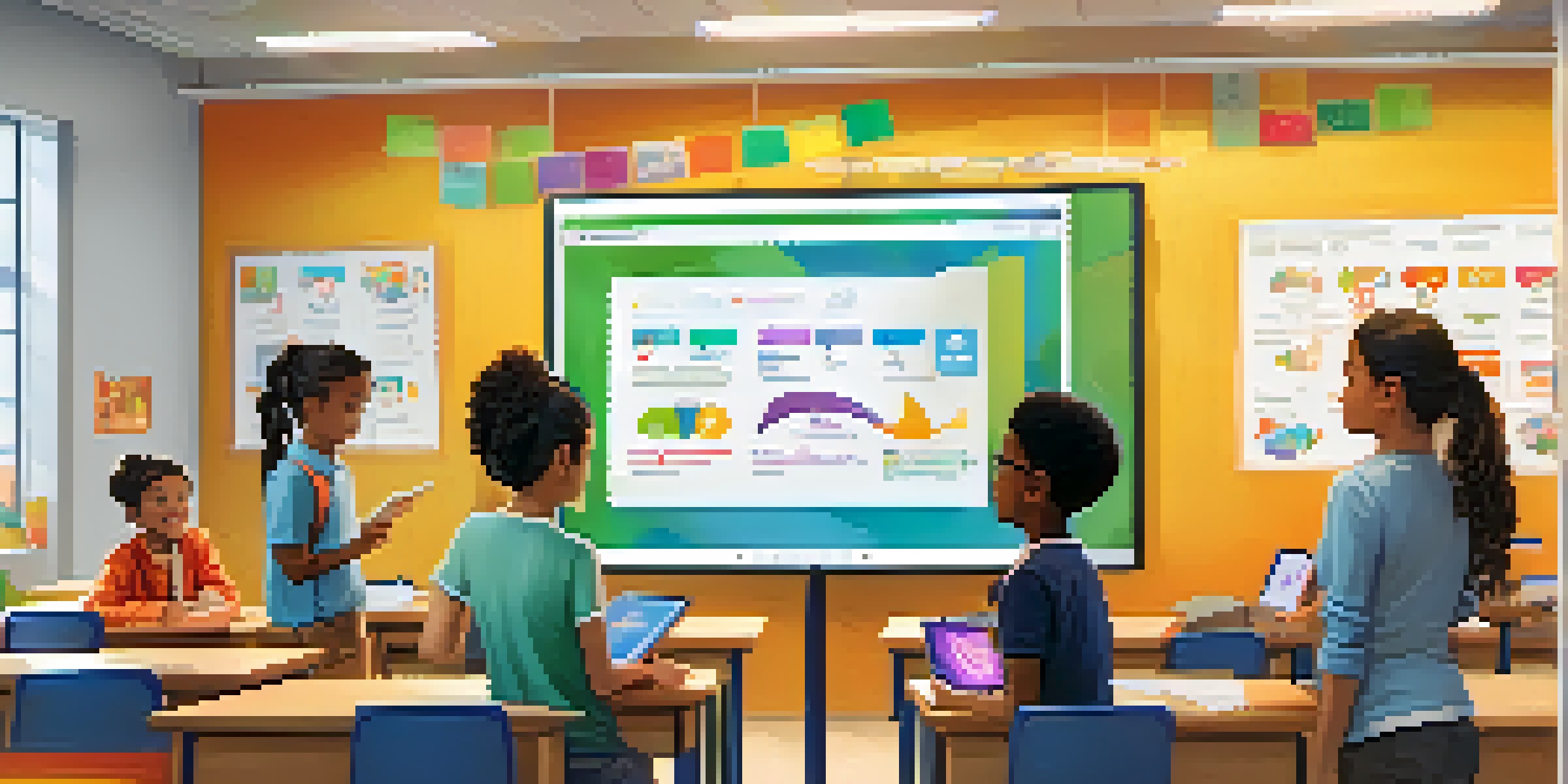 A classroom with diverse students using AI tablets, a teacher guiding a student, and a digital progress dashboard, all in a bright and colorful setting.