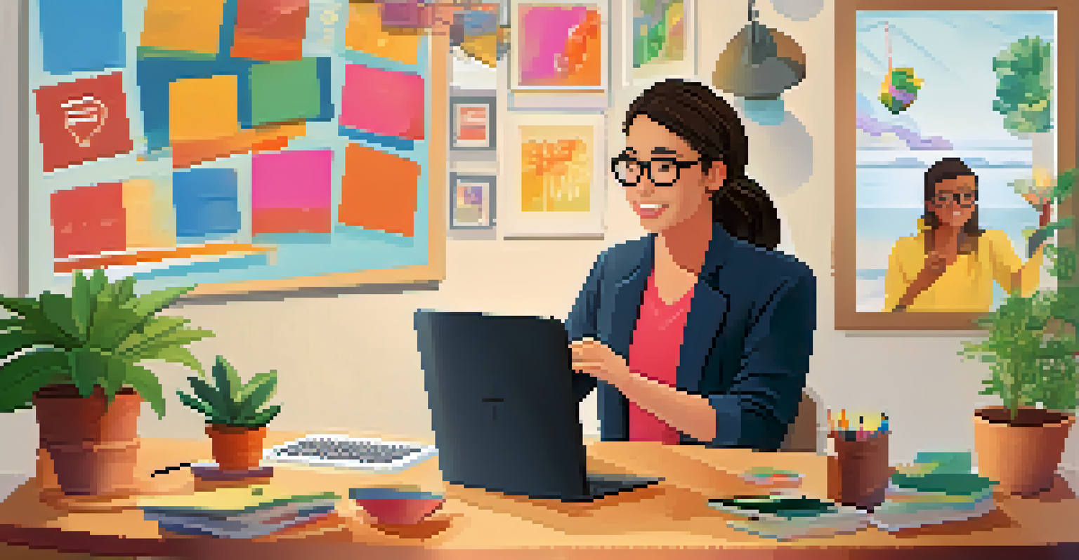 An educator teaching an online lesson in a cozy home office, with colorful graphics in the background.