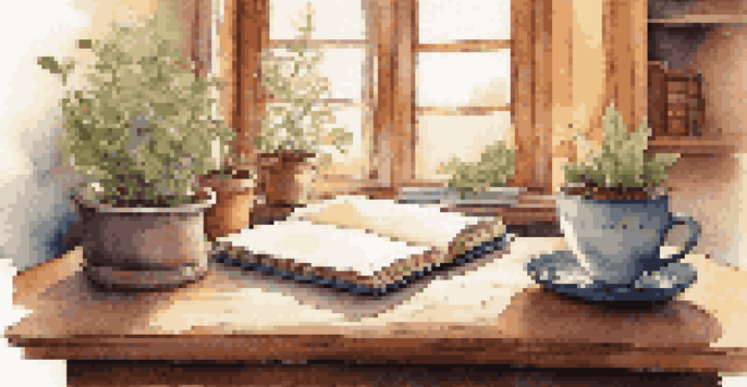 A cozy journaling space with a journal, colorful pens, a steaming cup of tea, and warm lighting.