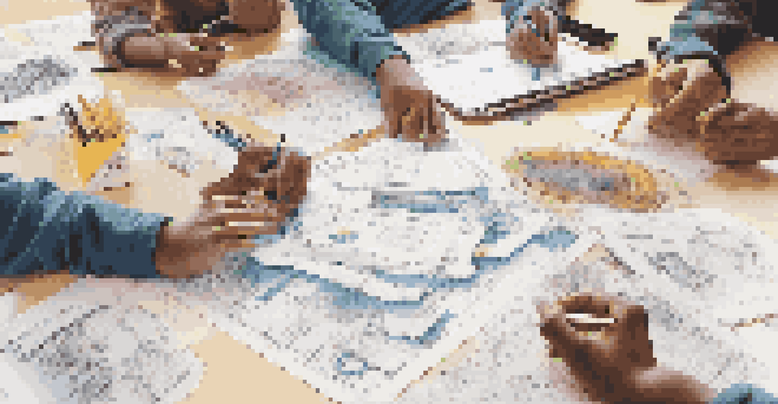 A close-up of students' hands collaborating on a project at a table filled with sketches, sticky notes, and digital devices.