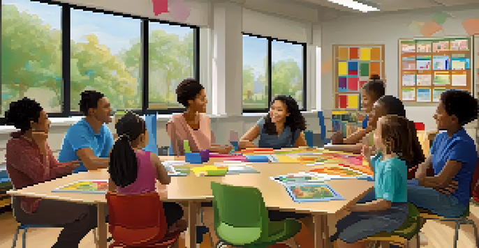A diverse group of parents and teachers engaged in a discussion in a bright classroom, surrounded by educational materials and warm lighting.