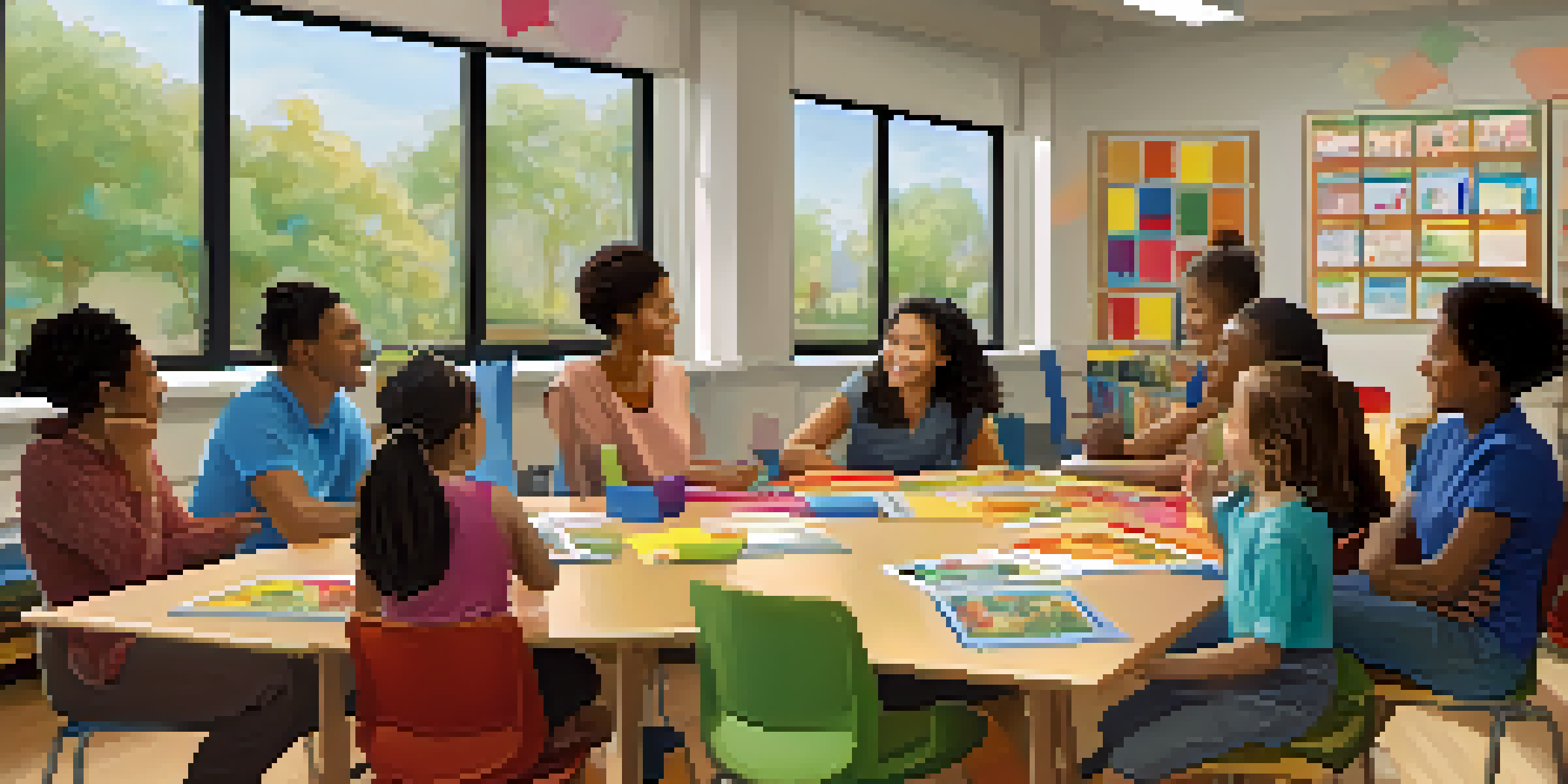 A diverse group of parents and teachers engaged in a discussion in a bright classroom, surrounded by educational materials and warm lighting.