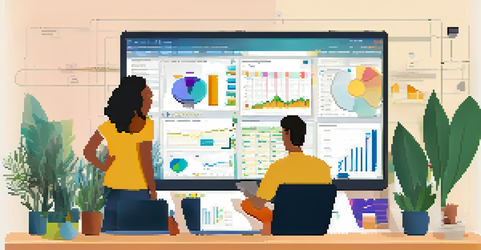 A close-up of a laptop screen showing a project management tool with colorful graphs, with a team member discussing the project in the background.