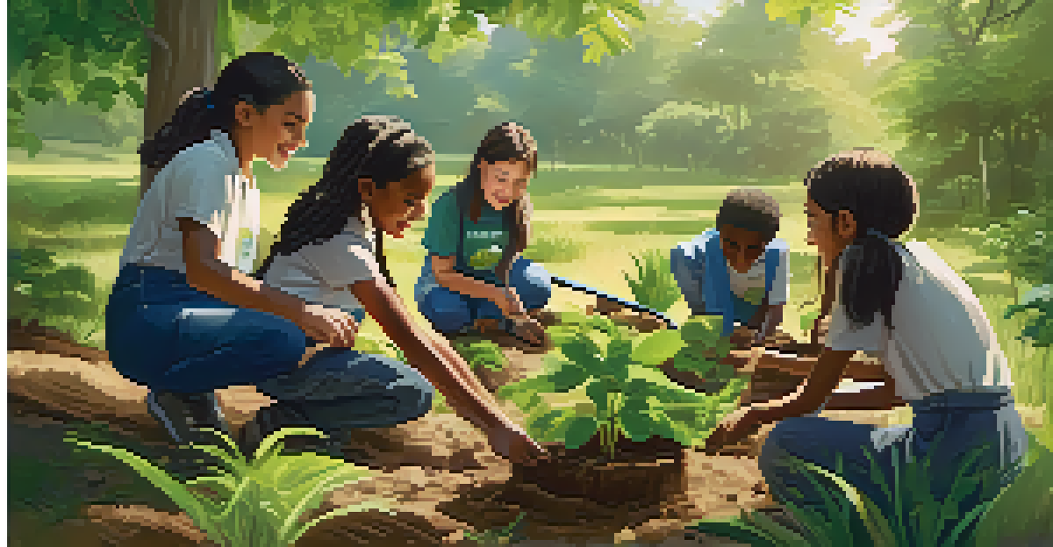 Students planting trees in a green outdoor setting, engaged in a conservation project with smiles.