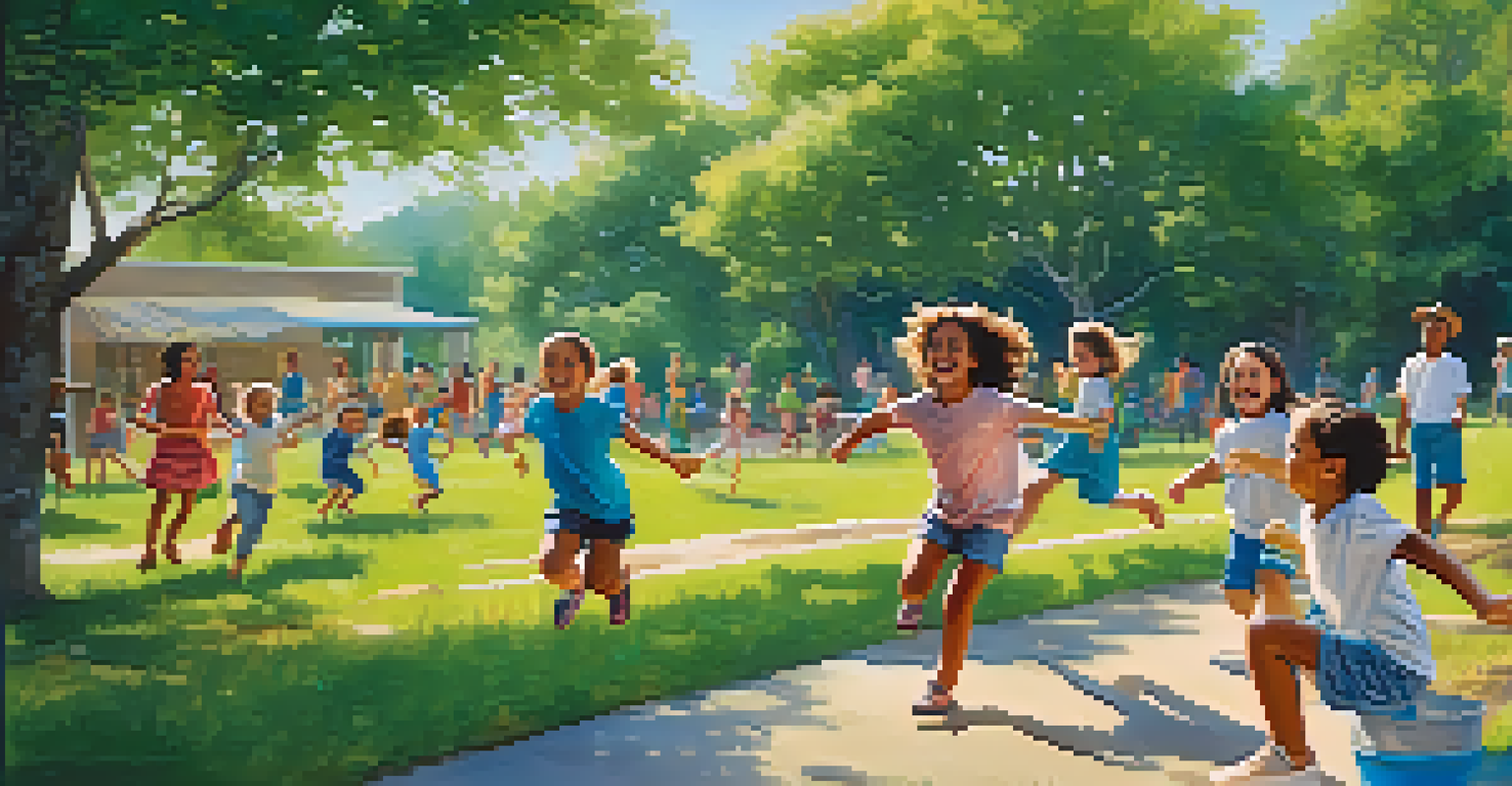 Children playing a movement-based game outdoors, surrounded by green trees and a blue sky, highlighting joy and emotional well-being.