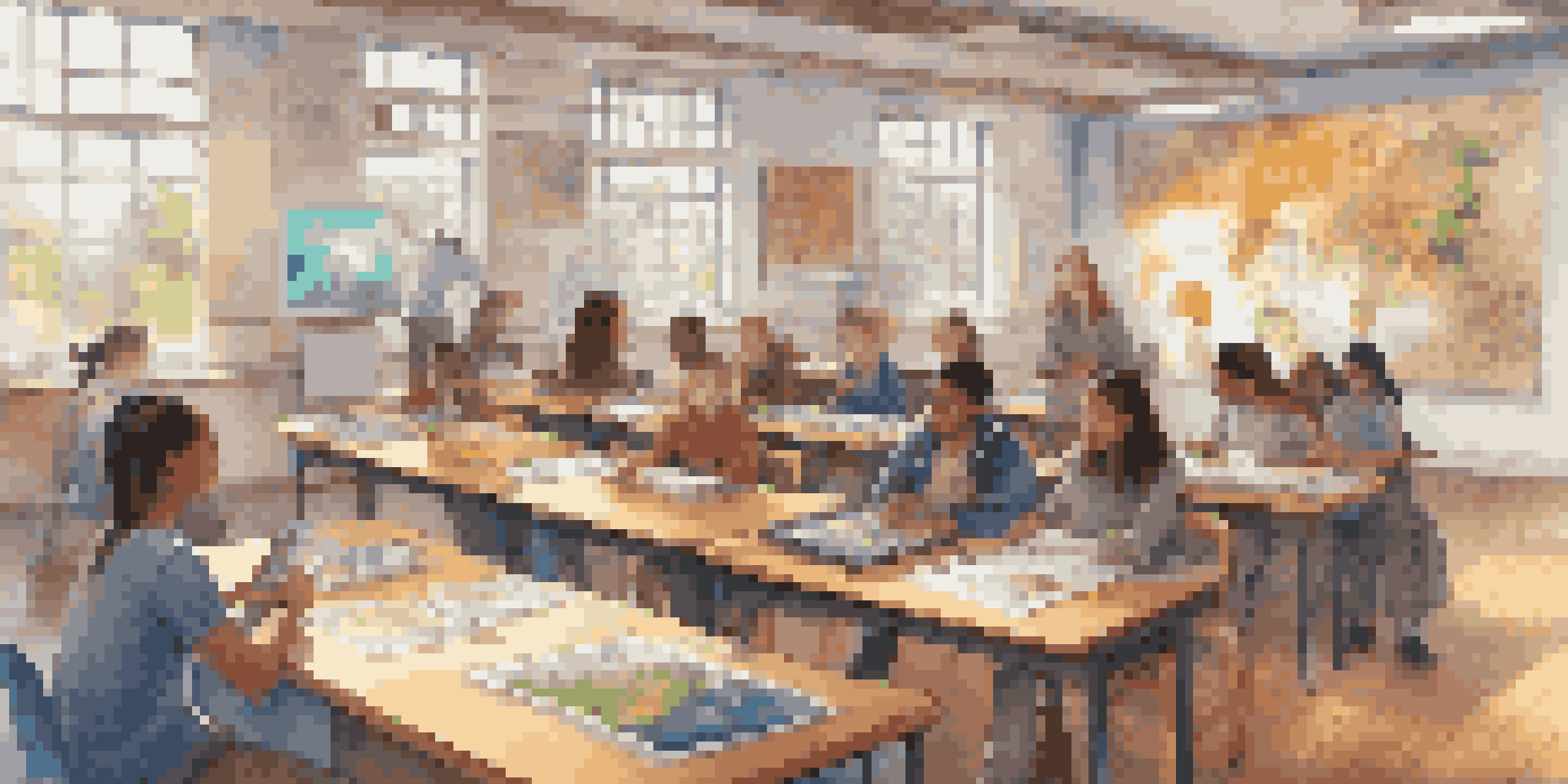 A classroom filled with students engaged in learning through various media resources, including tablets, a projector, and infographics.